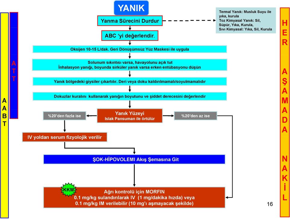 açık tut nhalasyon yanığı, boyunda sirküler yanık varsa erken entübasyonu düşün Yanık bölgedeki giysiler çıkartılır.