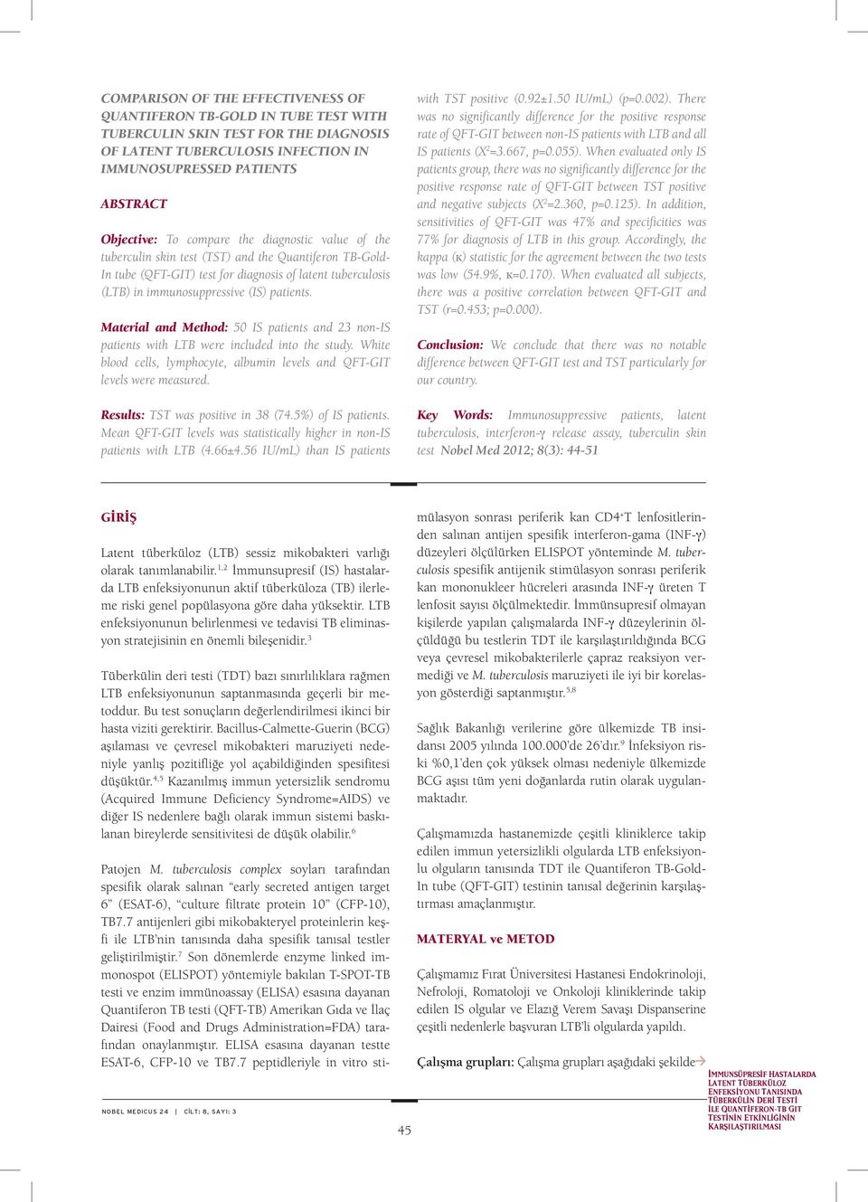 Material and Method: 50 IS patients and 23 non-is patients with LTB were included into the study. White blood cells, lymphocyte, albumin levels and QFT-GIT levels were measured.