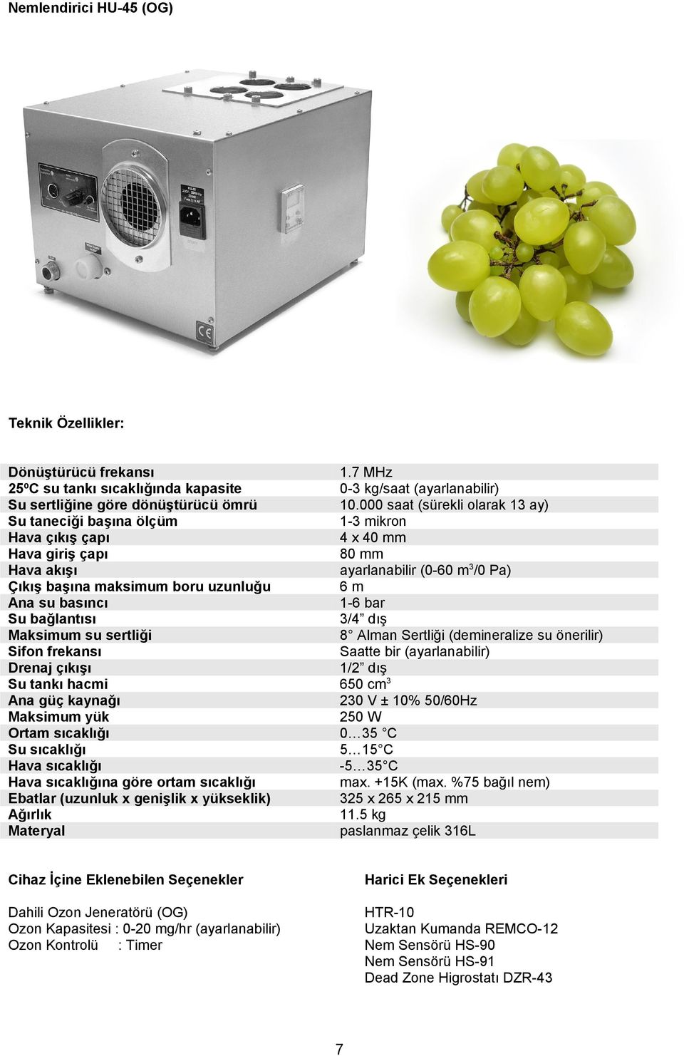 sıcaklığı Hava sıcaklığına göre ortam sıcaklığı Ebatlar (uzunluk x genişlik x yükseklik) Ağırlık Materyal 1.7 MHz 0-3 kg/saat (ayarlanabilir) 10.