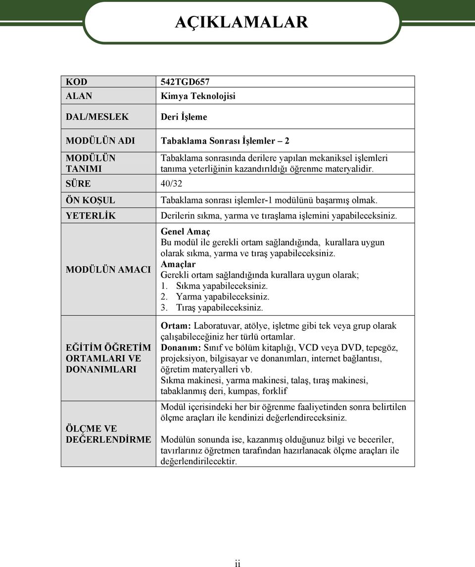 Derilerin sıkma, yarma ve tıraşlama işlemini yapabileceksiniz. Genel Amaç Bu modül ile gerekli ortam sağlandığında, kurallara uygun olarak sıkma, yarma ve tıraş yapabileceksiniz.