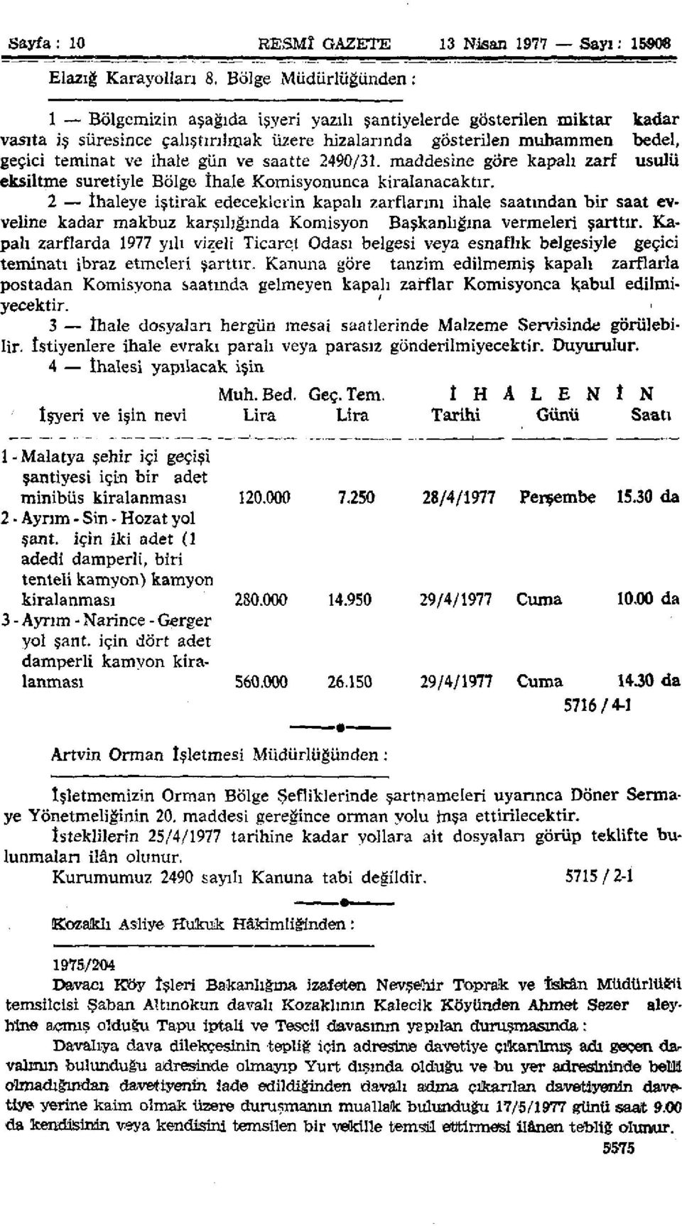 gün ve saatte 2490/31. maddesine göre kapalı zarf usulü eksiltme suretiyle Bölge îhale Komisyonunca kiralanacaktır.