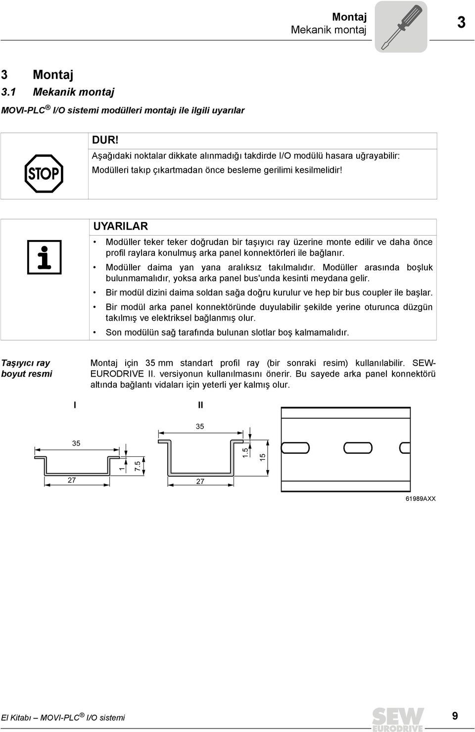 UYARILAR Modüller teker teker doğrudan bir taşıyıcı ray üzerine monte edilir ve daha önce profil raylara konulmuş arka panel konnektörleri ile bağlanır. Modüller daima yan yana aralıksız takılmalıdır.