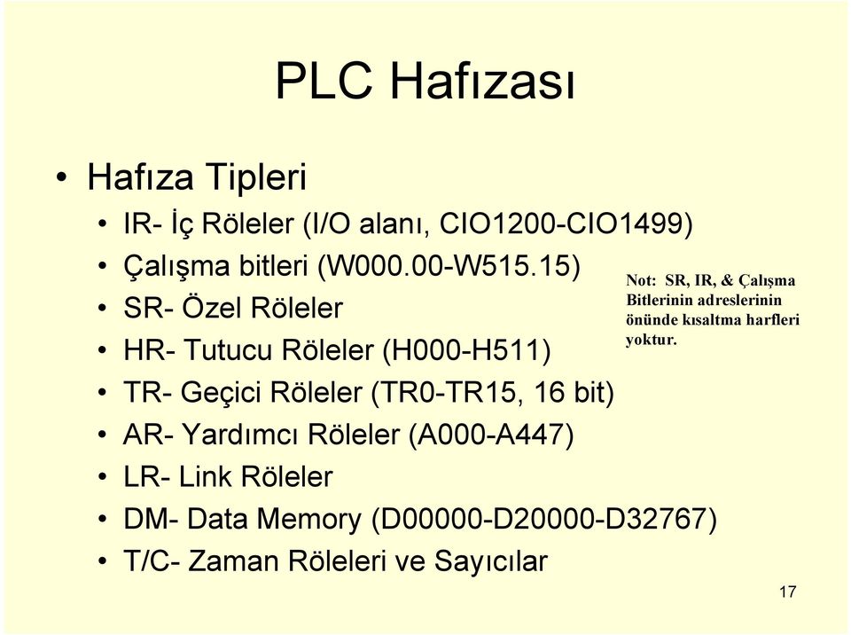 15) SR- Özel Röleler HR- Tutucu Röleler (H000-H511) TR- Geçici Röleler (TR0-TR15, 16 bit) AR-