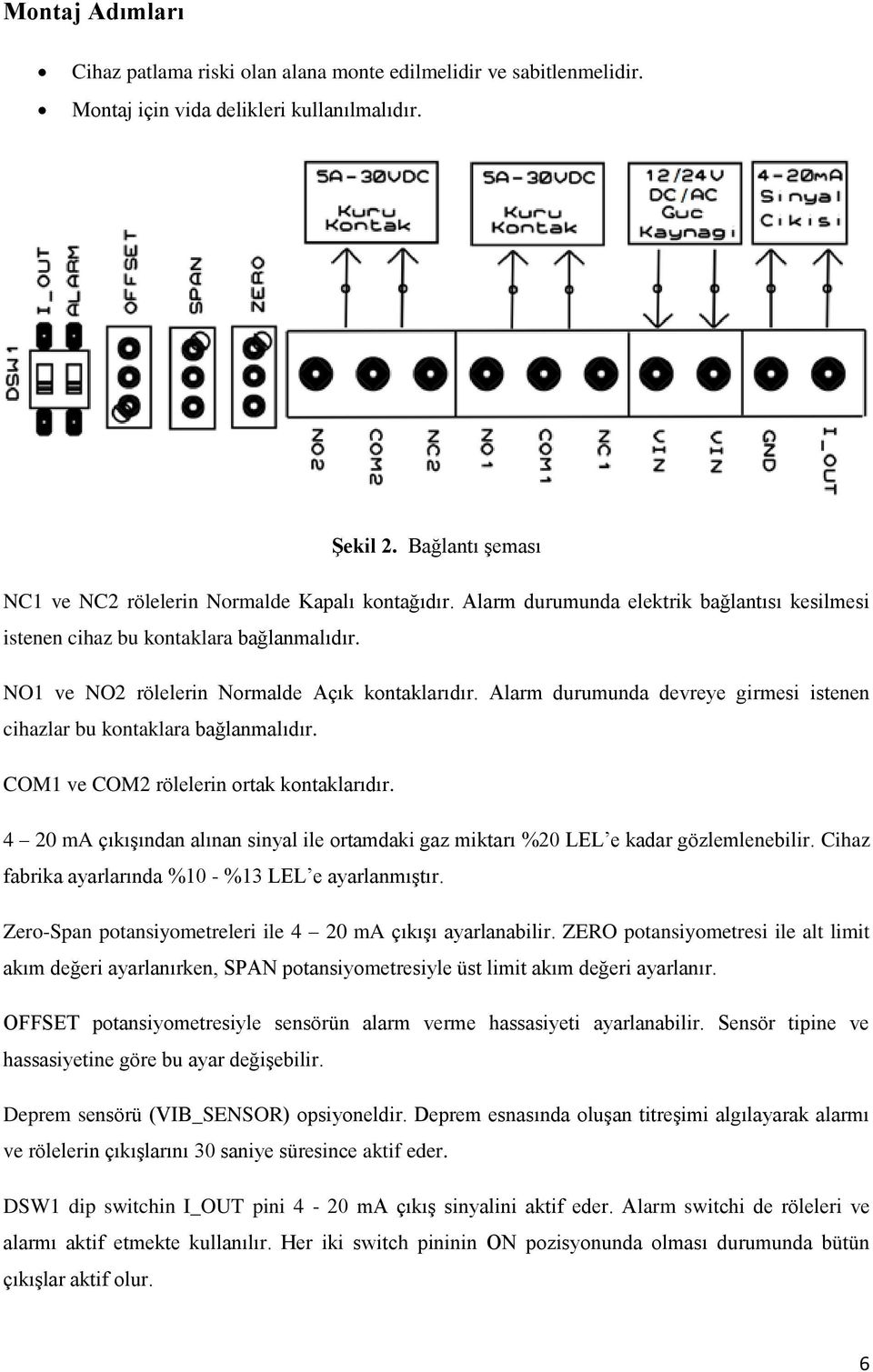 NO1 ve NO2 rölelerin Normalde Açık kontaklarıdır. Alarm durumunda devreye girmesi istenen cihazlar bu kontaklara bağlanmalıdır. COM1 ve COM2 rölelerin ortak kontaklarıdır.