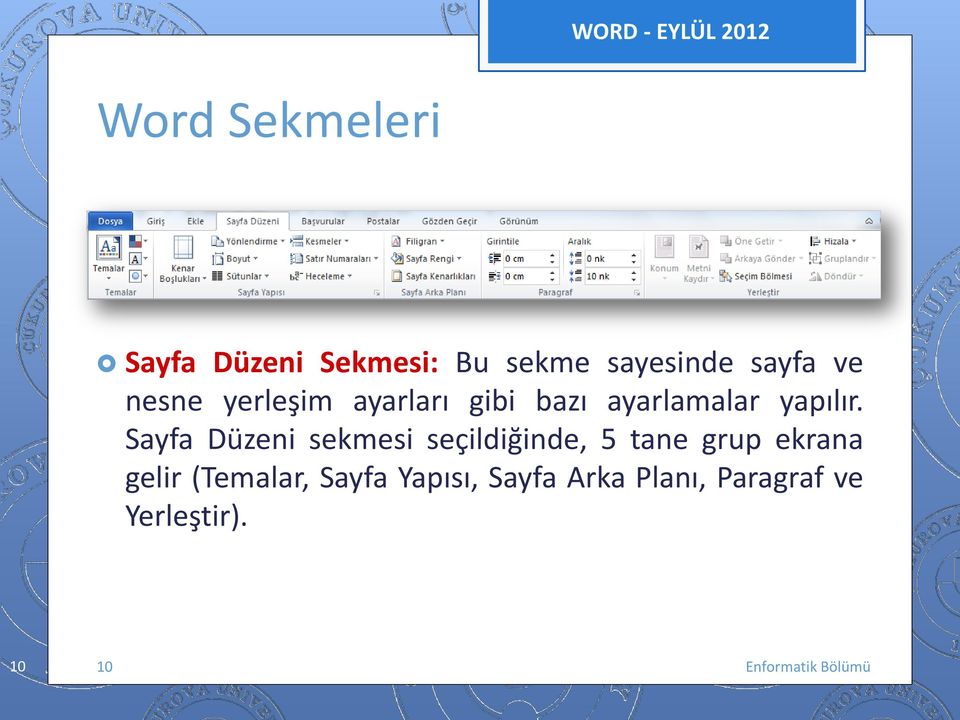 Sayfa Düzeni sekmesi seçildiğinde, 5 tane grup ekrana gelir