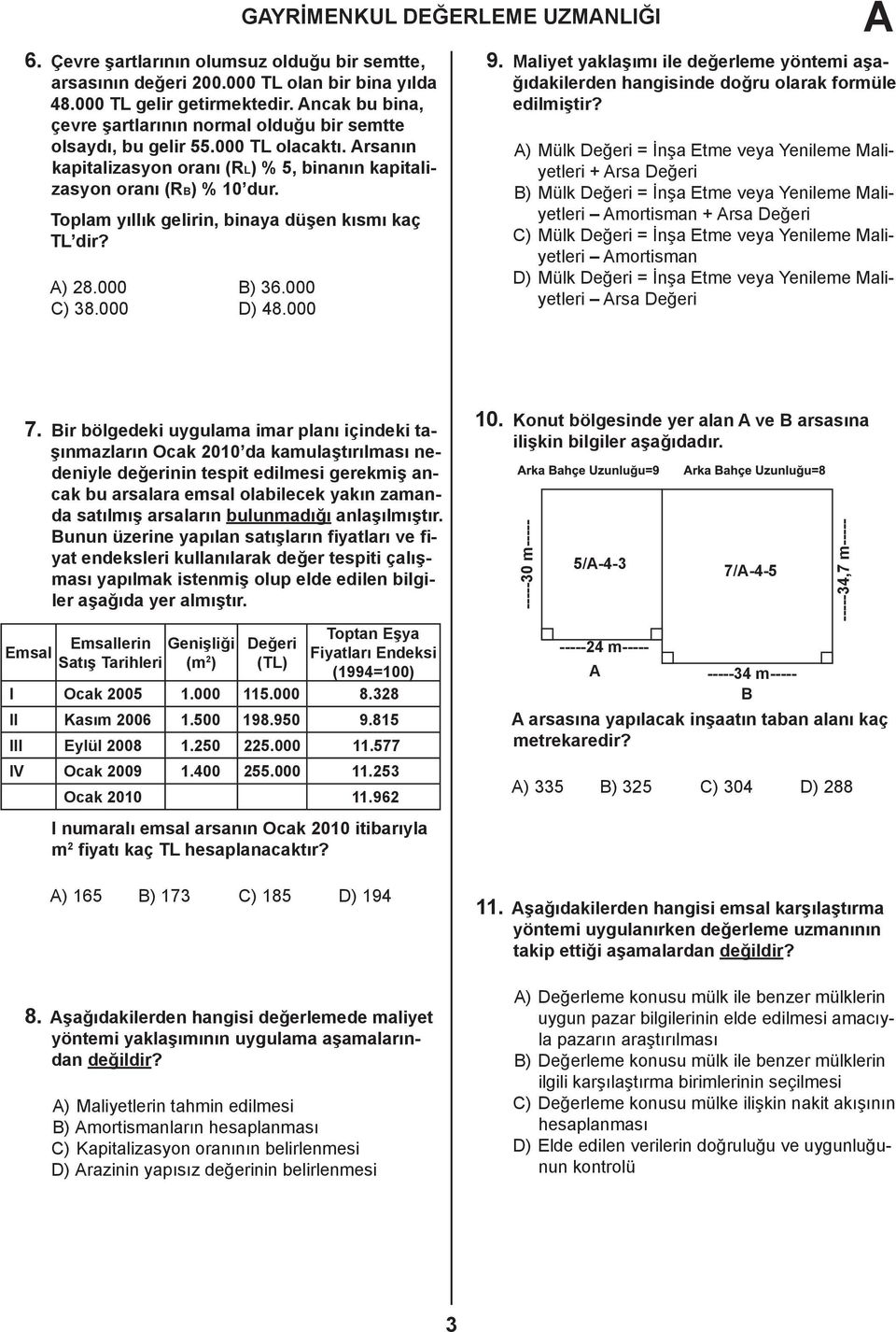 Toplam yıllık gelirin, binaya düşen kısmı kaç TL dir? A) 28.000 ) 36.000 C) 38.000 D) 48.000 A 9. Maliyet yaklaşımı ile değerleme yöntemi aşağıdakilerden hangisinde doğru olarak formüle edilmiştir?