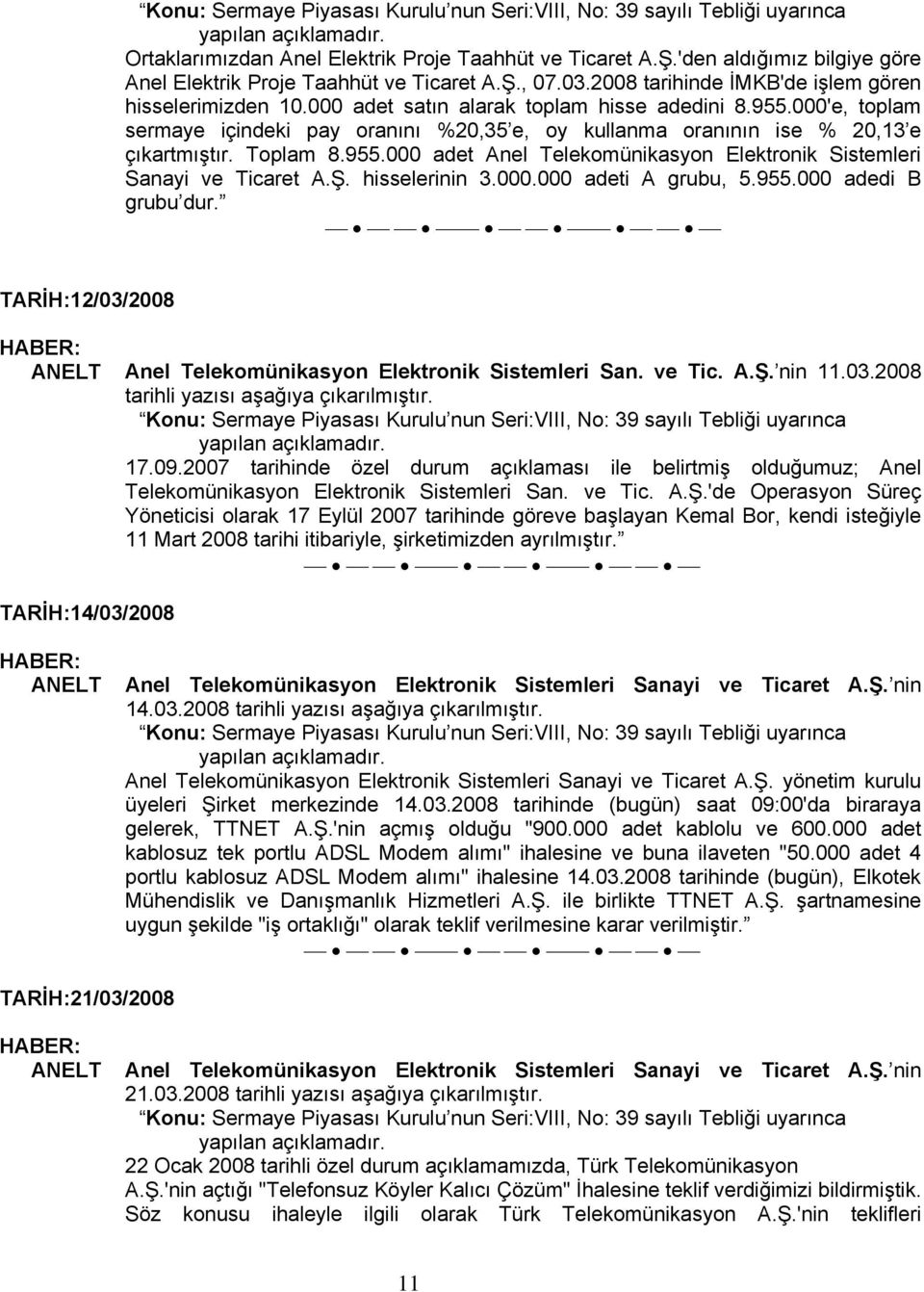 Ş. hisselerinin 3.000.000 adeti A grubu, 5.955.000 adedi B grubu dur. TARİH:12/03/2008 Anel Telekomünikasyon Elektronik Sistemleri San. ve Tic. A.Ş. nin 11.03.2008 tarihli yazısı aşağıya çıkarılmıştır.