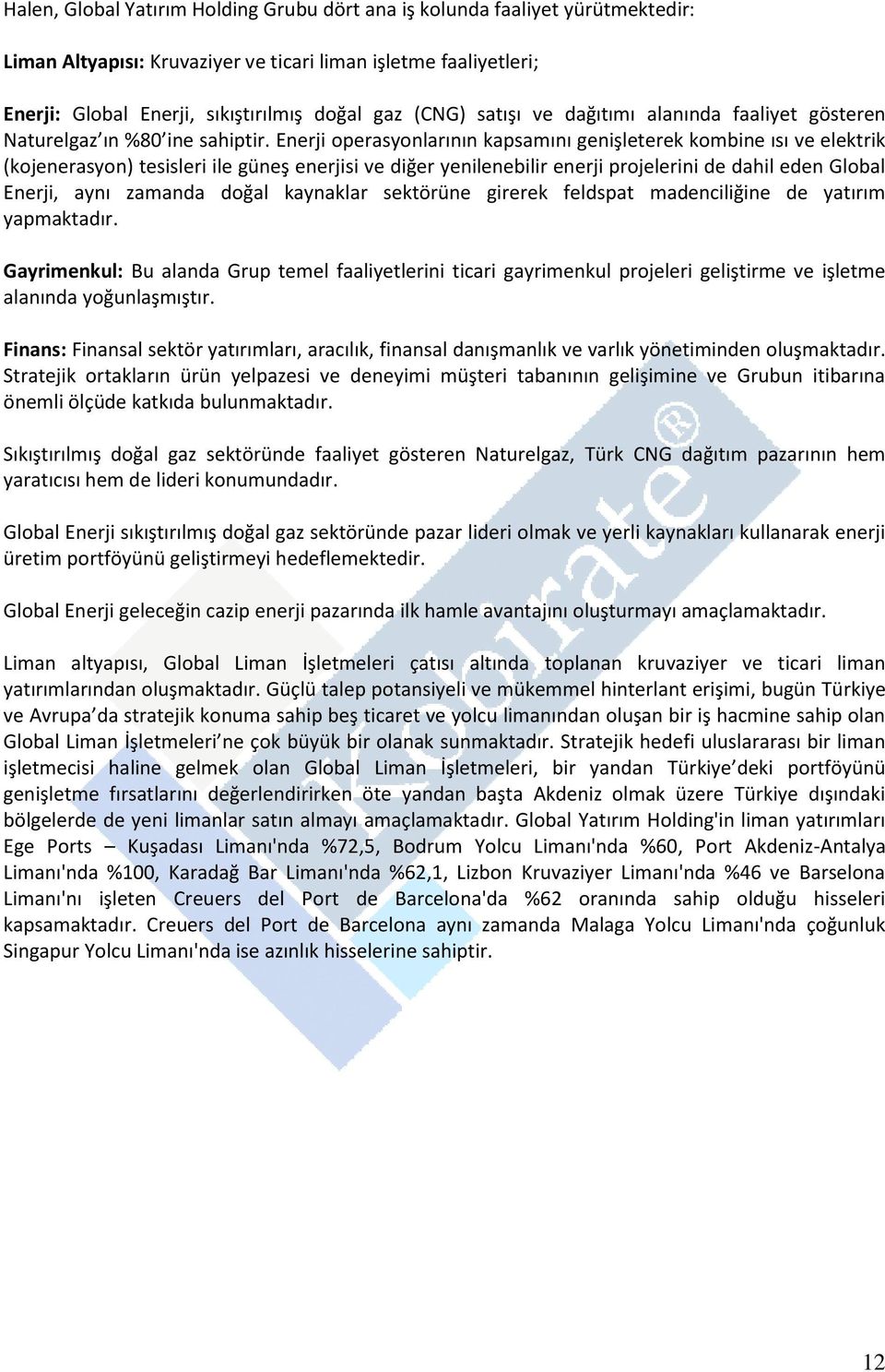 Enerji operasyonlarının kapsamını genişleterek kombine ısı ve elektrik (kojenerasyon) tesisleri ile güneş enerjisi ve diğer yenilenebilir enerji projelerini de dahil eden Global Enerji, aynı zamanda