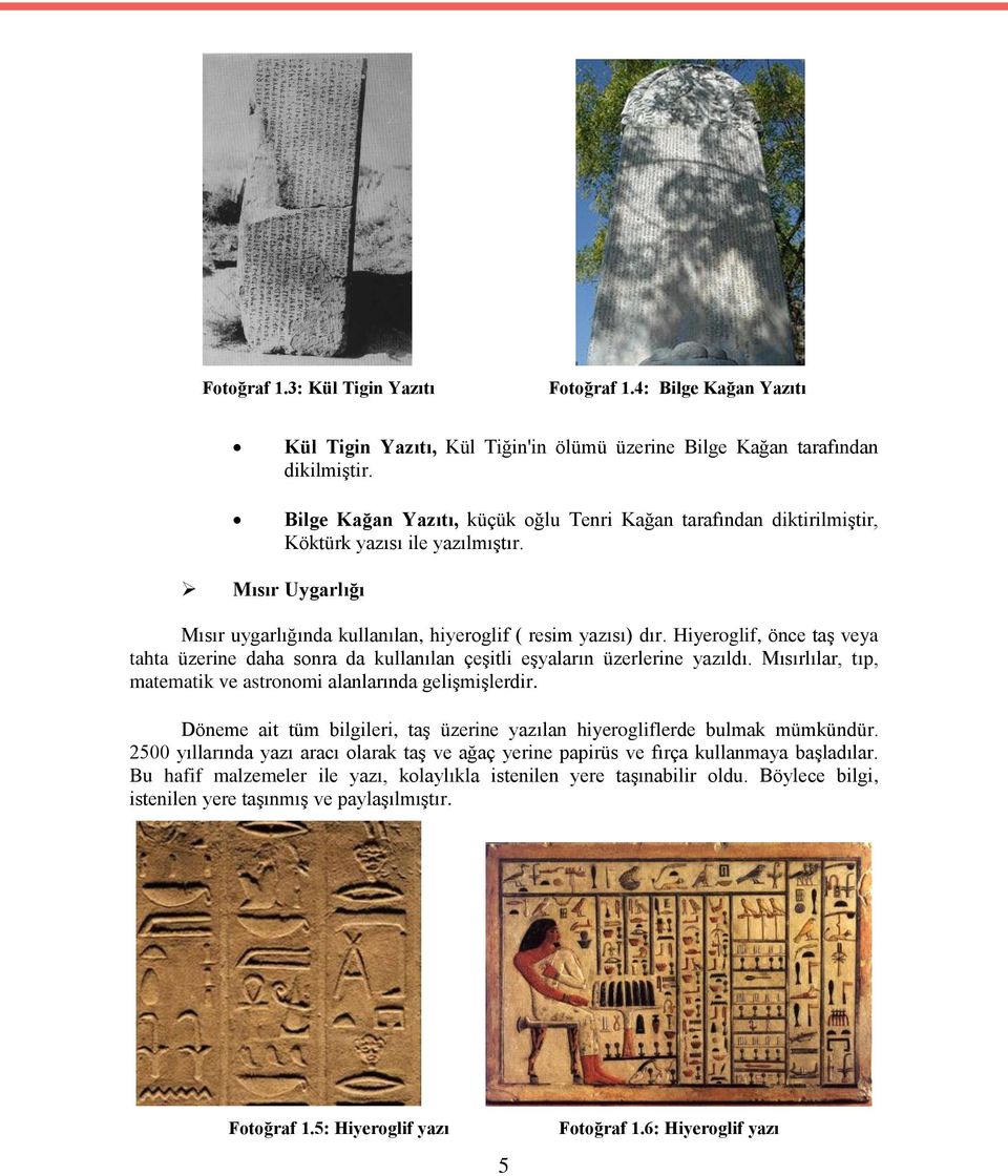 Hiyeroglif, önce taş veya tahta üzerine daha sonra da kullanılan çeşitli eşyaların üzerlerine yazıldı. Mısırlılar, tıp, matematik ve astronomi alanlarında gelişmişlerdir.