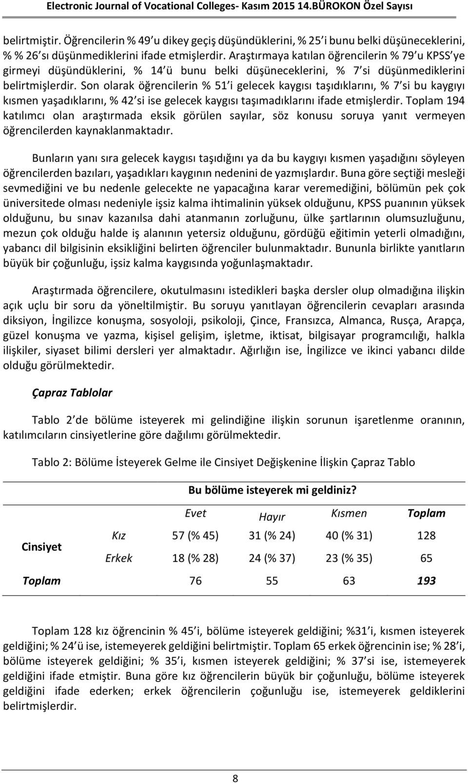 Son olarak öğrencilerin % 51 i gelecek kaygısı taşıdıklarını, % 7 si bu kaygıyı kısmen yaşadıklarını, % 42 si ise gelecek kaygısı taşımadıklarını ifade etmişlerdir.