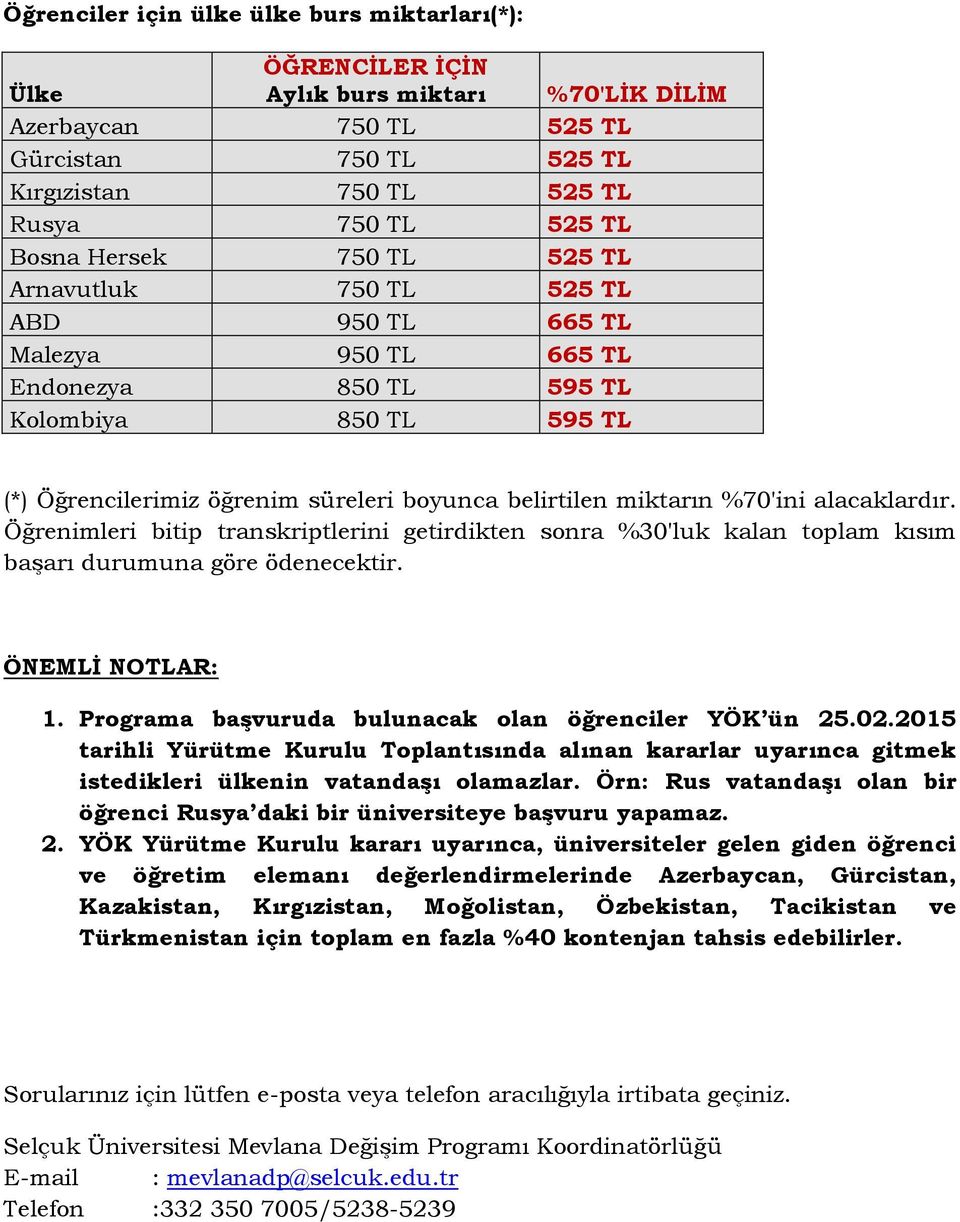 Öğrenimleri bitip transkriptlerini getirdikten sonra %30'luk kalan toplam kısım başarı durumuna göre ödenecektir. ÖNEMLİ NOTLAR: 1. Programa başvuruda bulunacak olan öğrenciler YÖK ün 25.02.