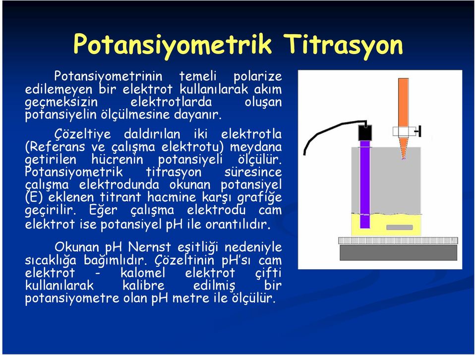 Potansiyometrik titrasyon süresince çalışma elektrodunda okunan potansiyel (E) eklenen titrant hacmine karşı grafiğe geçirilir.