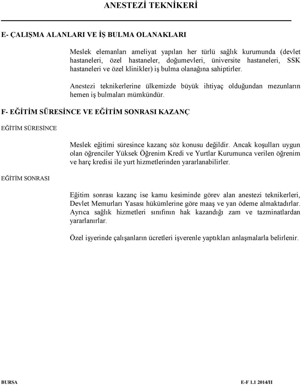 F- EĞİTİM SÜRESİNCE VE EĞİTİM SONRASI KAZANÇ EĞİTİM SÜRESİNCE EĞİTİM SONRASI Meslek eğitimi süresince kazanç söz konusu değildir.