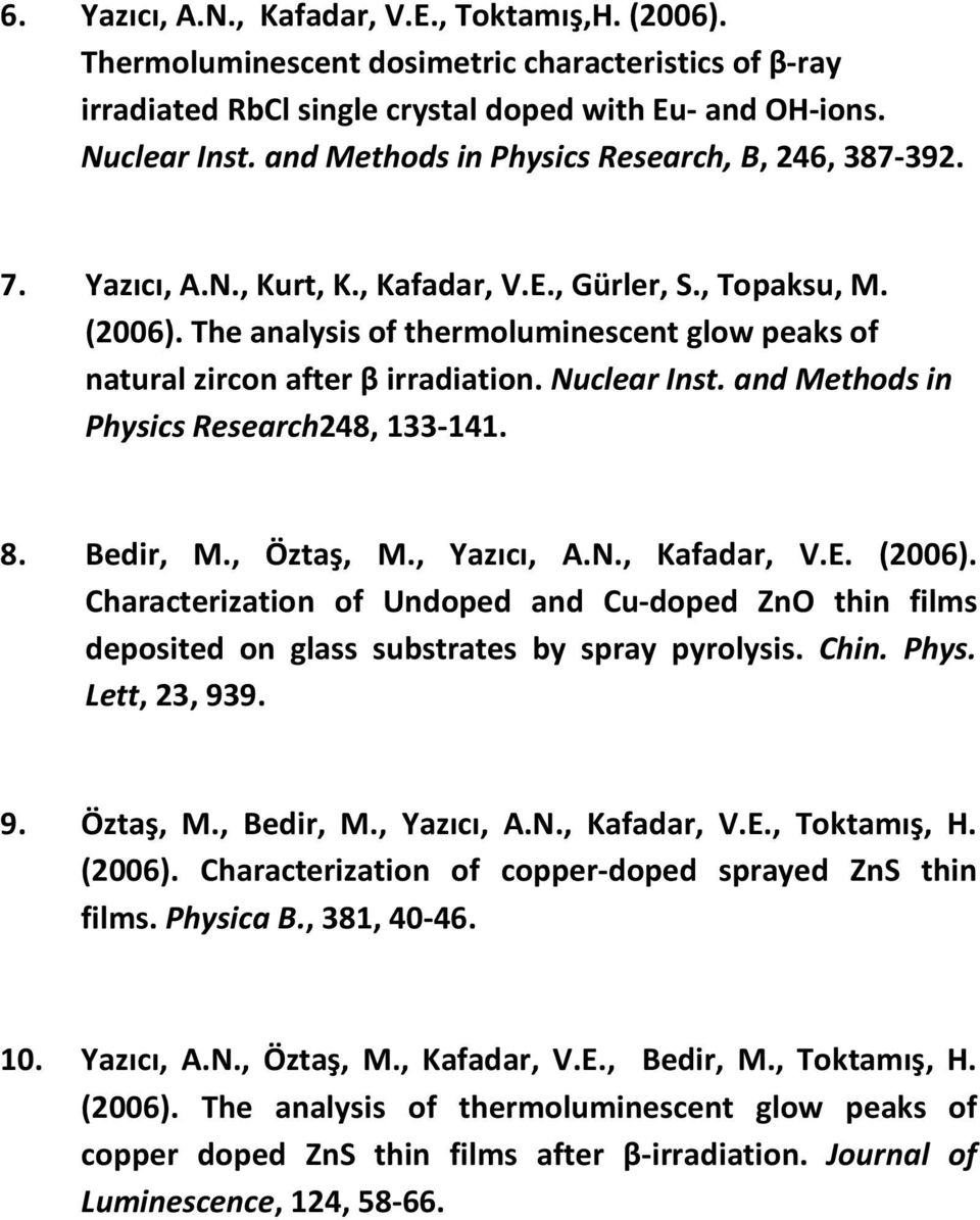 The analysis of thermoluminescent glow peaks of natural zircon after β irradiation. Nuclear Inst. and Methods in Physics Research248, 133-141. 8. Bedir, M., Öztaş, M., Yazıcı, A.N., Kafadar, V.E.