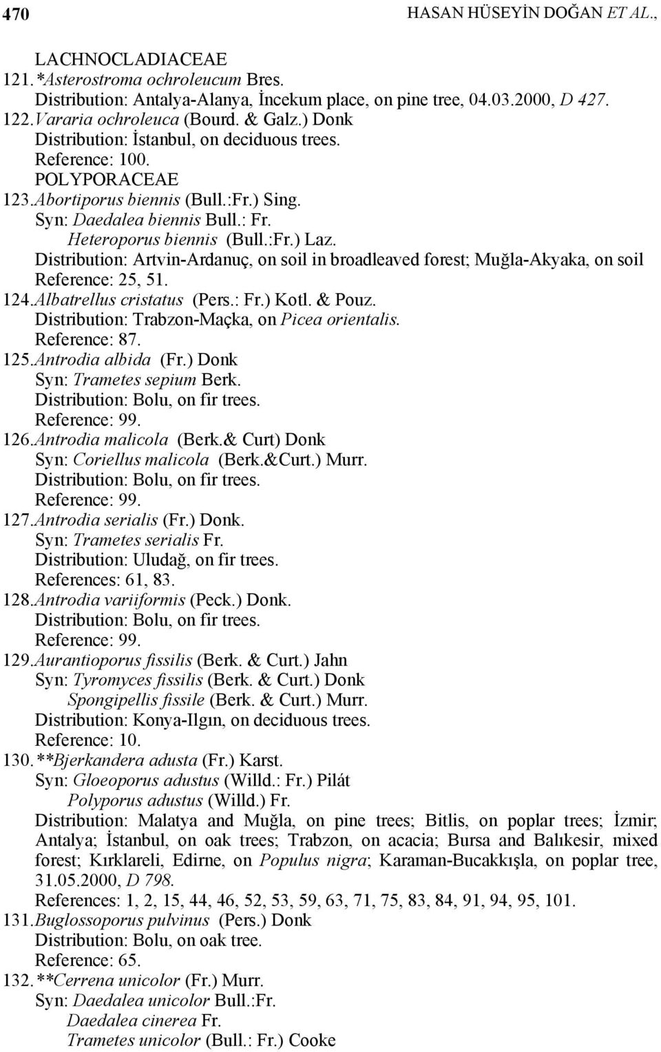 Distribution: Artvin-Ardanuç, on soil in broadleaved forest; Muğla-Akyaka, on soil Reference: 25, 51. 124. Albatrellus cristatus (Pers.: Fr.) Kotl. & Pouz.