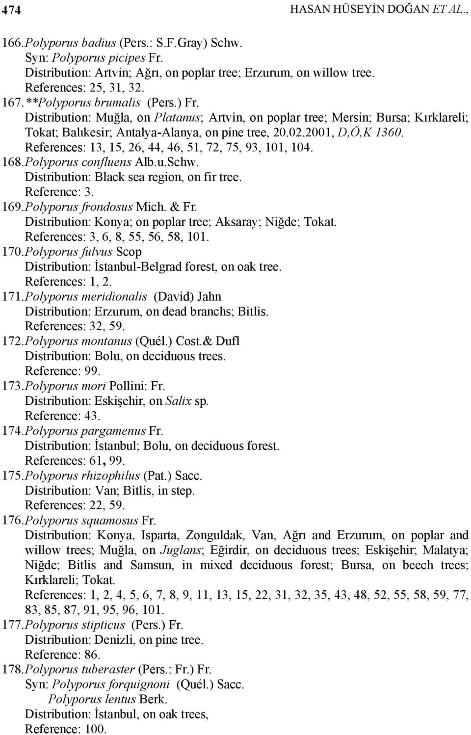 References: 13, 15, 26, 44, 46, 51, 72, 75, 93, 101, 104. 168. Polyporus confluens Alb.u.Schw. Distribution: Black sea region, on fir tree. Reference: 3. 169. Polyporus frondosus Mich. & Fr.