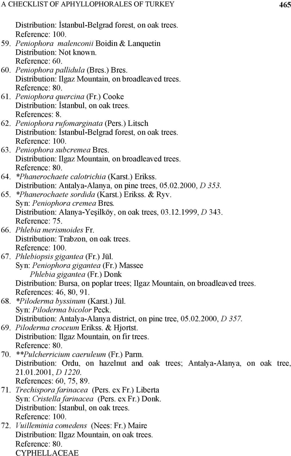 Peniophora rufomarginata (Pers.) Litsch Distribution: İstanbul-Belgrad forest, on oak trees. Reference: 100. 63. Peniophora subcremea Bres. Distribution: Ilgaz Mountain, on broadleaved trees. 64.