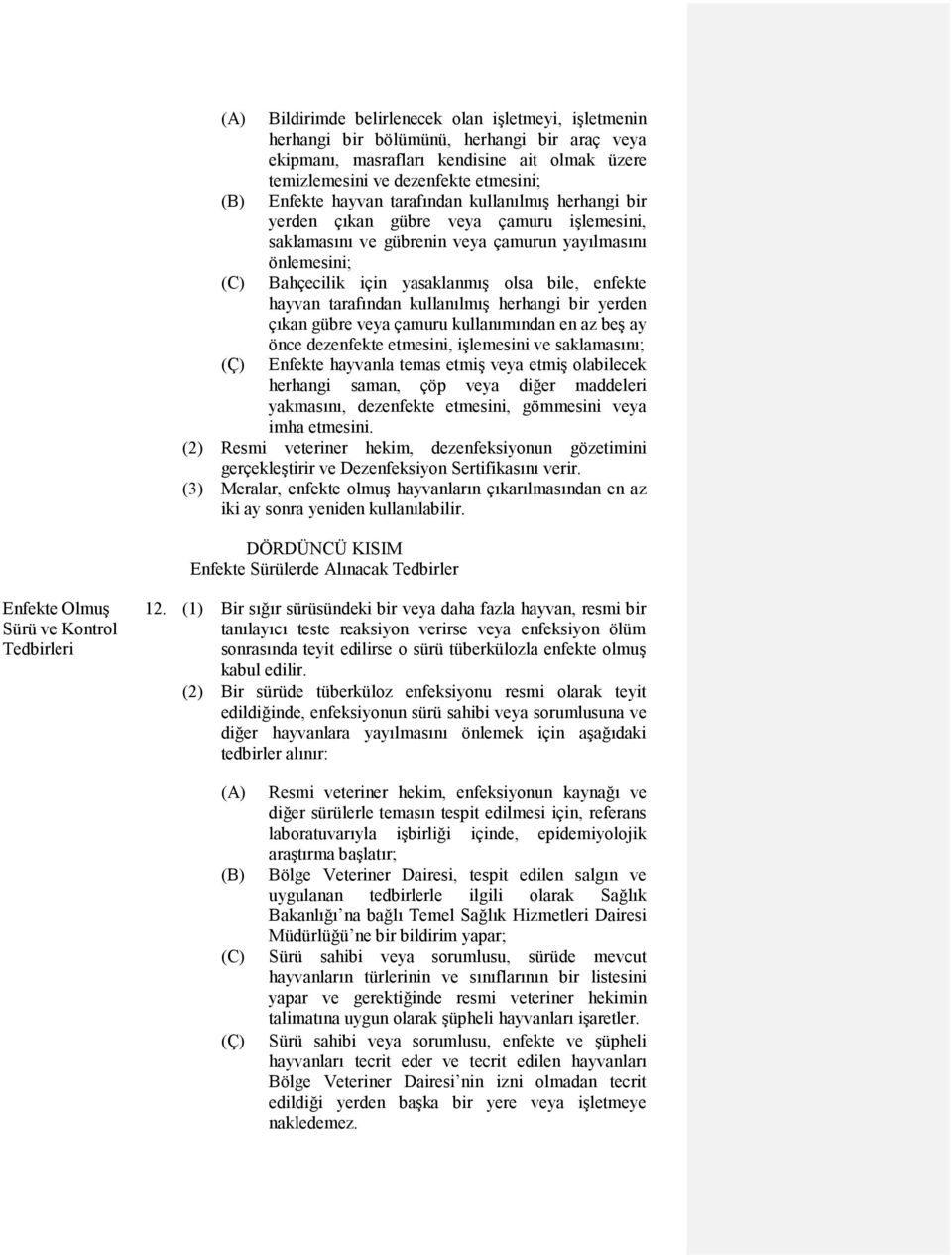 hayvan tarafından kullanılmış herhangi bir yerden çıkan gübre veya çamuru kullanımından en az beş ay önce dezenfekte etmesini, işlemesini ve saklamasını; (Ç) Enfekte hayvanla temas etmiş veya etmiş