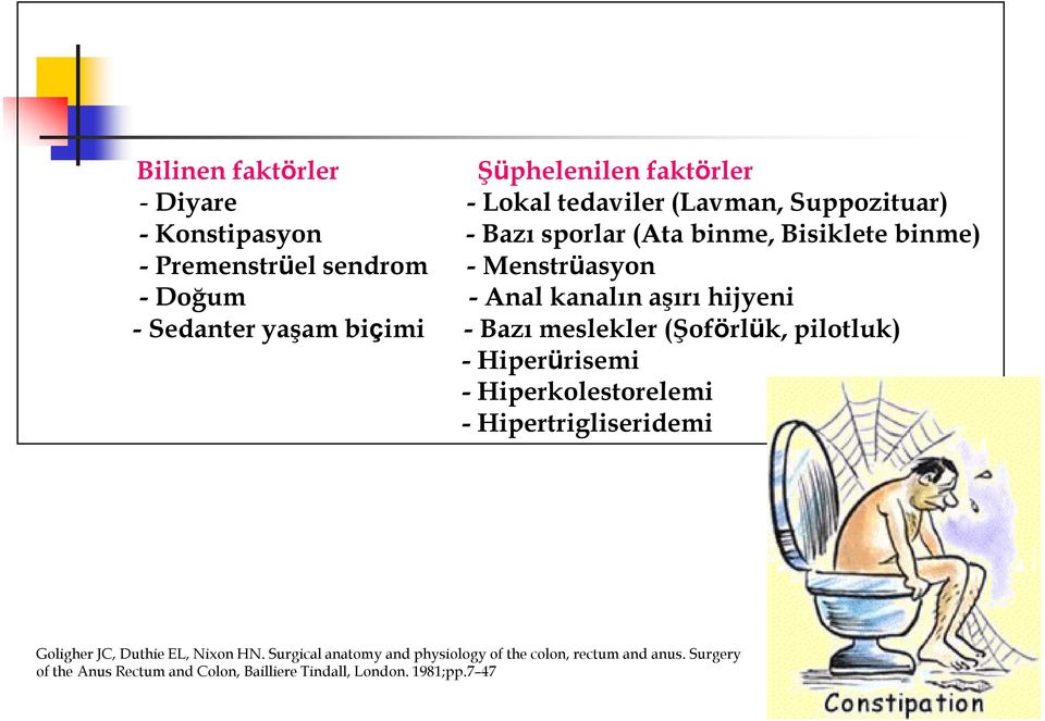 meslekler (Şoförlük, pilotluk) - Hiperürisemi - Hiperkolestorelemi - Hipertrigliseridemi Goligher JC, Duthie EL, Nixon HN.