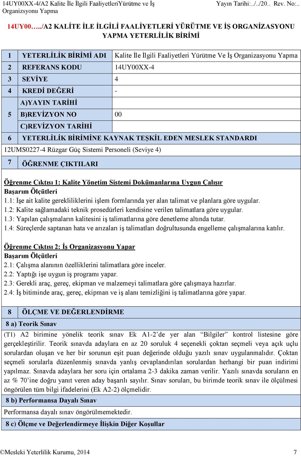 14UY00XX-4 3 SEVİYE 4 4 KREDİ DEĞERİ - 5 A)YAYIN TARİHİ B)REVİZYON NO 00 C)REVİZYON TARİHİ 6 YETERLİLİK BİRİMİNE KAYNAK TEŞKİL EDEN MESLEK STANDARDI 12UMS0227-4 Rüzgar Güç Sistemi Personeli (Seviye