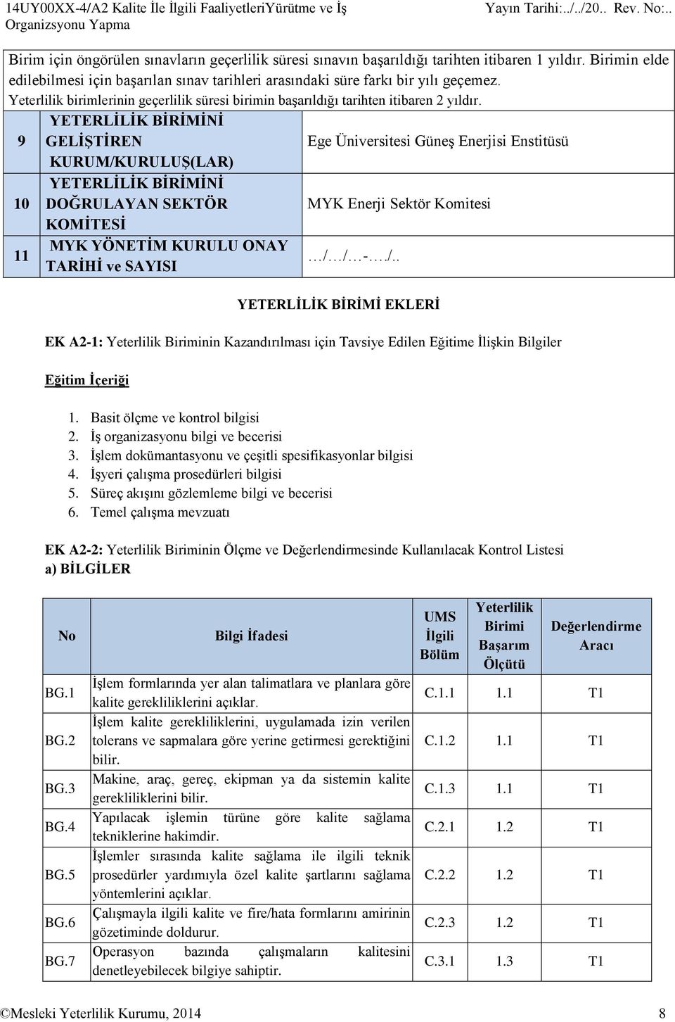 YETERLİLİK BİRİMİNİ 9 GELİŞTİREN Ege Üniversitesi Güneş Enerjisi Enstitüsü KURUM/KURULUŞ(LAR) 10 YETERLİLİK BİRİMİNİ DOĞRULAYAN SEKTÖR MYK Enerji Sektör Komitesi KOMİTESİ 11 MYK YÖNETİM KURULU ONAY