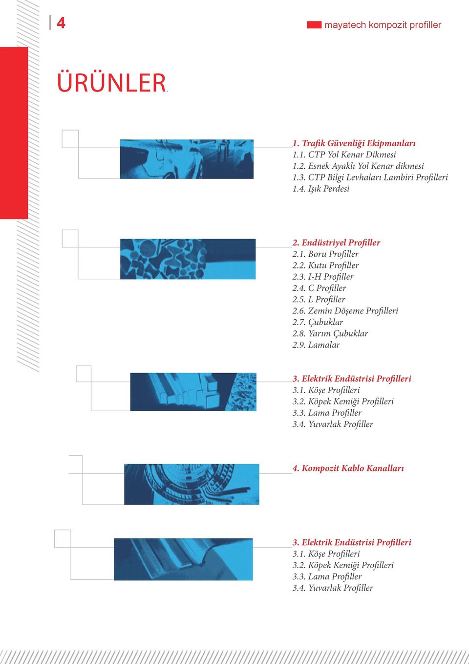 L Profiller 2.6. Zemin Döşeme Profilleri 2.7. Çubuklar 2.8. Yarım Çubuklar 2.9. Lamalar 3. Elektrik Endüstrisi Profilleri 3.1. Köşe Profilleri 3.2. Köpek Kemiği Profilleri 3.