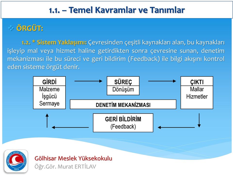 getirdikten sonra çevresine sunan, denetim mekanizması ile bu süreci ve geri bildirim (Feedback) ile