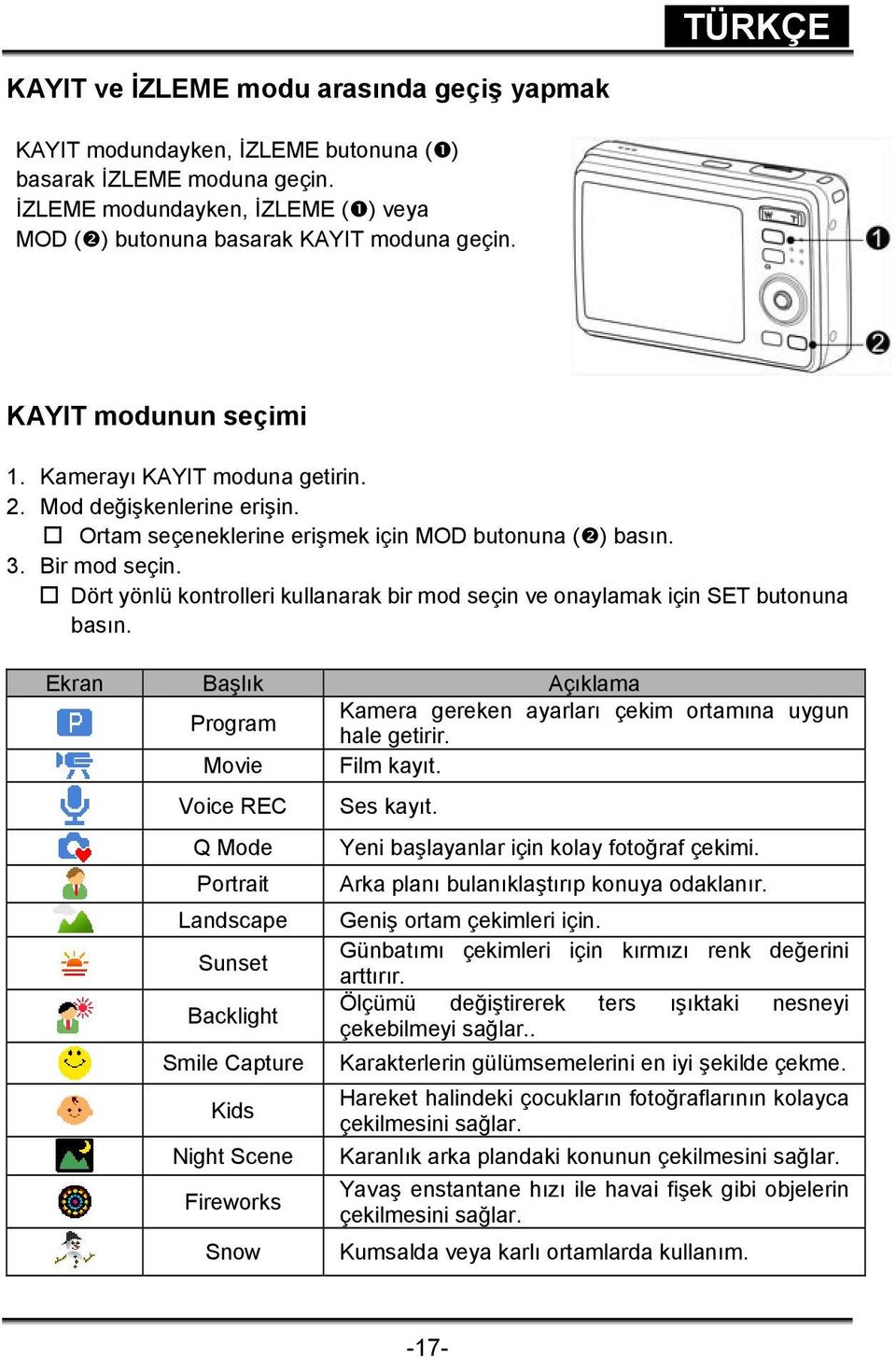 Dört yönlü kontrolleri kullanarak bir mod seçin ve onaylamak için SET butonuna basın. Ekran Başlık Açıklama Program Kamera gereken ayarları çekim ortamına uygun hale getirir. Movie Film kayıt.