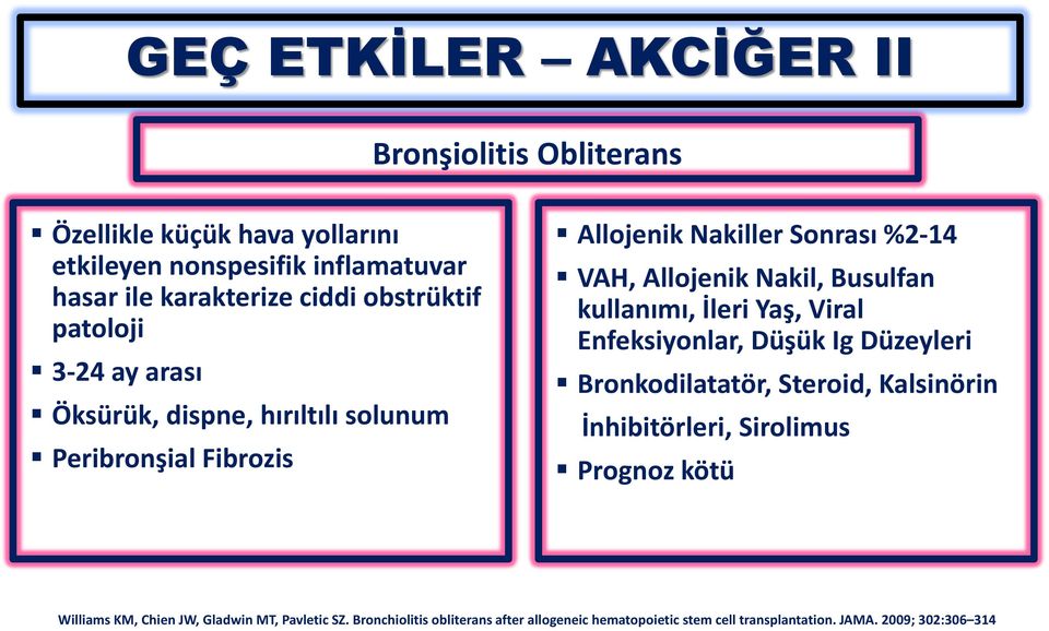 Busulfan kullanımı, İleri Yaş, Viral Enfeksiyonlar, Düşük Ig Düzeyleri Bronkodilatatör, Steroid, Kalsinörin İnhibitörleri, Sirolimus Prognoz kötü