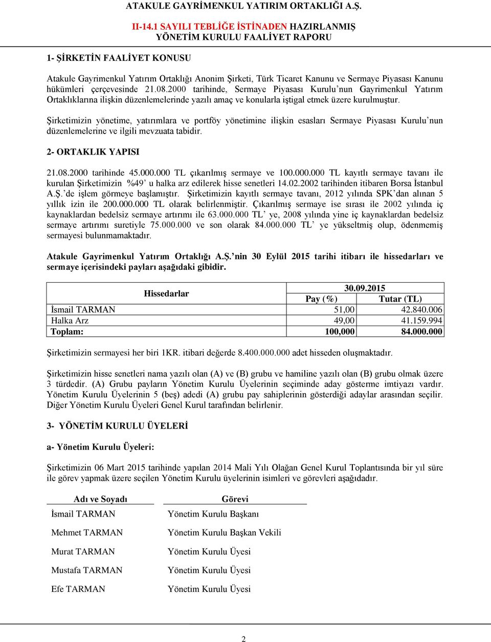 Şirketimizin yönetime, yatırımlara ve portföy yönetimine ilişkin esasları Sermaye Piyasası Kurulu nun düzenlemelerine ve ilgili mevzuata tabidir. 2- ORTAKLIK YAPISI 21.08.2000 