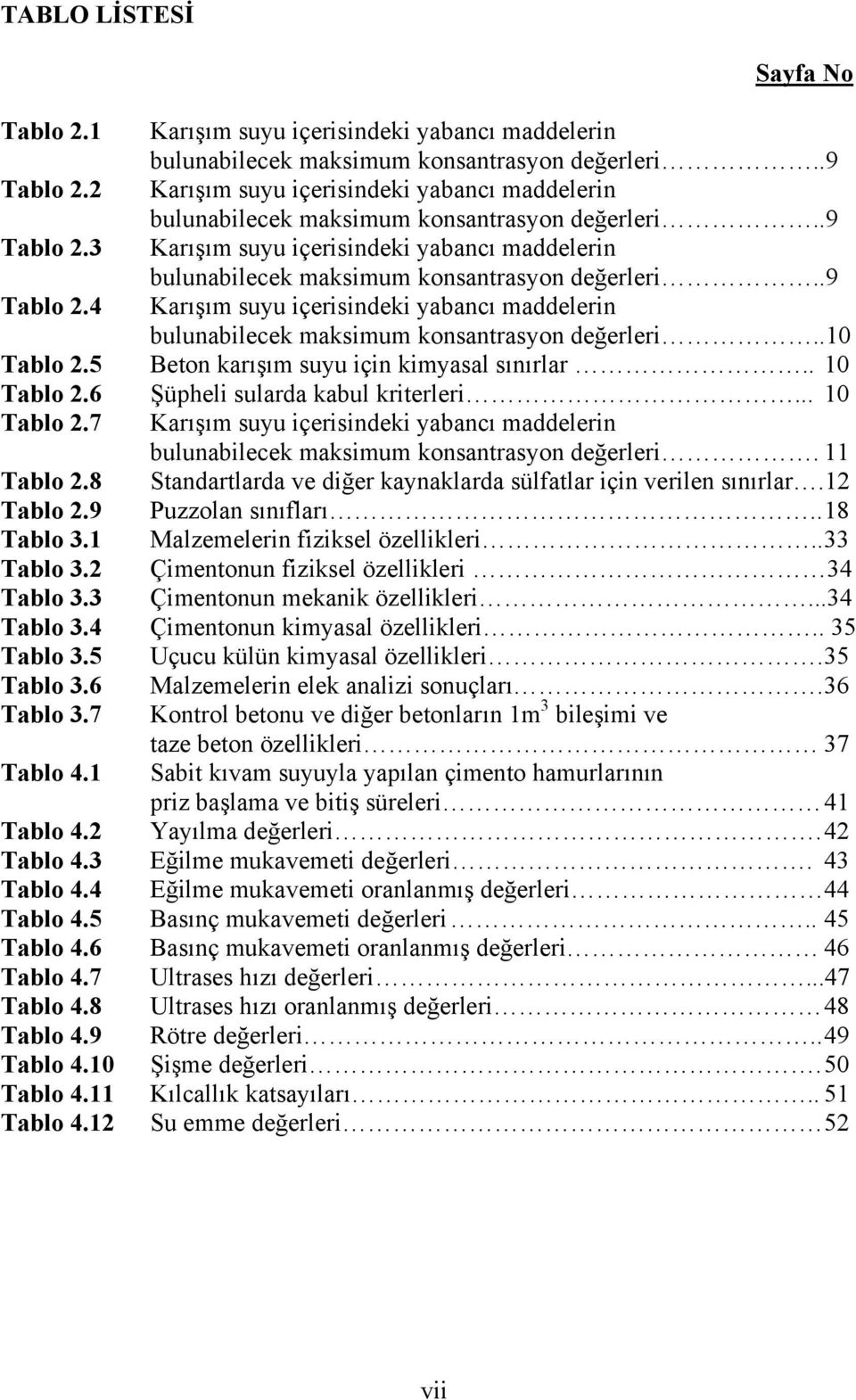 .9 Tablo 2.4 Karışım suyu içerisindeki yabancı maddelerin bulunabilecek maksimum konsantrasyon değerleri..1 Tablo 2.5 Beton karışım suyu için kimyasal sınırlar.. 1 Tablo 2.