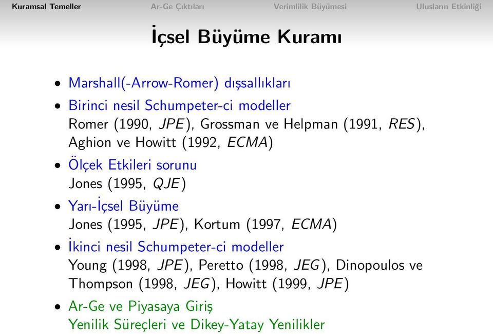 Büyüme Jones (1995, JPE), Kortum (1997, ECMA) İkinci nesil Schumpeter-ci modeller Young (1998, JPE), Peretto (1998,