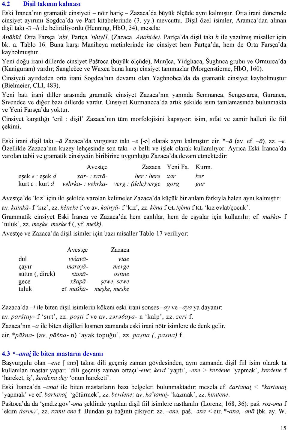 Partça da dişil takı h ile yazılmış misaller için bk. a. Tablo 16. Buna karşı Maniheya metinlerinde ise cinsiyet hem Partça da, hem de Orta Farsça da kaybolmuştur.