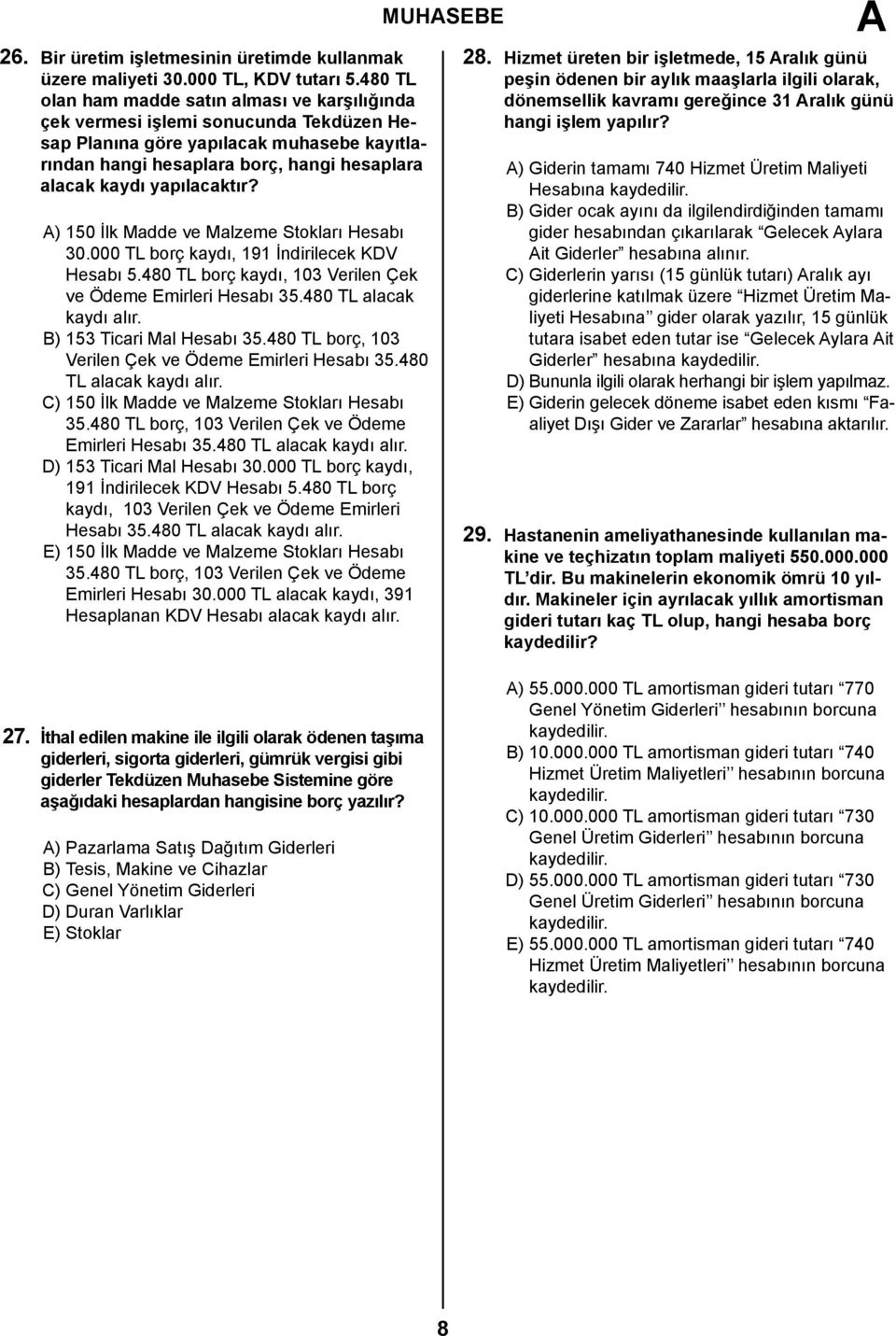 yapılacaktır? ) 150 İlk Madde ve Malzeme Stokları Hesabı 30.000 TL borç kaydı, 191 İndirilecek KDV Hesabı 5.480 TL borç kaydı, 103 Verilen Çek ve Ödeme Emirleri Hesabı 35.480 TL alacak kaydı alır.