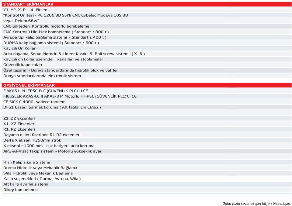 Kayıcılı ön kollar üzerinde T kanalları ve stoplamalar Güvenlik kaportaları Özel tasarım Dünya standartlarında hidrolik blok ve valfler Dünya standartlarında elektronik sistem OPSİYONEL EKİPMANLAR F.