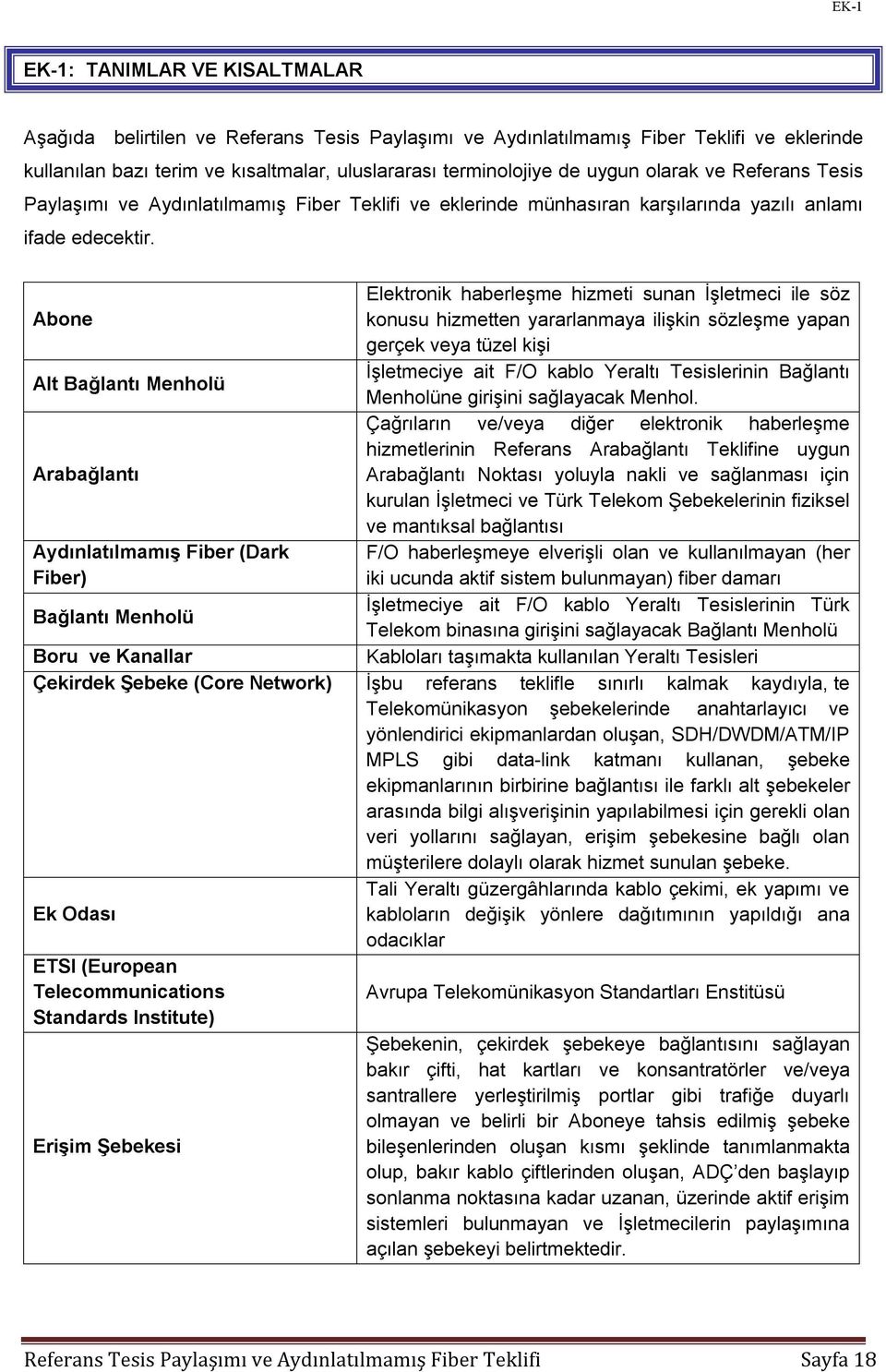 Abone Alt Bağlantı Menholü Arabağlantı Aydınlatılmamış Fiber (Dark Fiber) Bağlantı Menholü Elektronik haberleşme hizmeti sunan İşletmeci ile söz konusu hizmetten yararlanmaya ilişkin sözleşme yapan