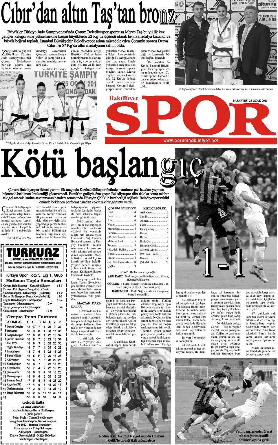 onguldak ta yapýlan ZBüyükler Türkiye Judo Þampiyonasý nda Çorum Belediyespor dan Merve Taþ üçüncü olarak bronz madalya kazanýrken Çorumlu sporcu Derya Cýbýr ise þampiyon olarak altýn madalyanýn