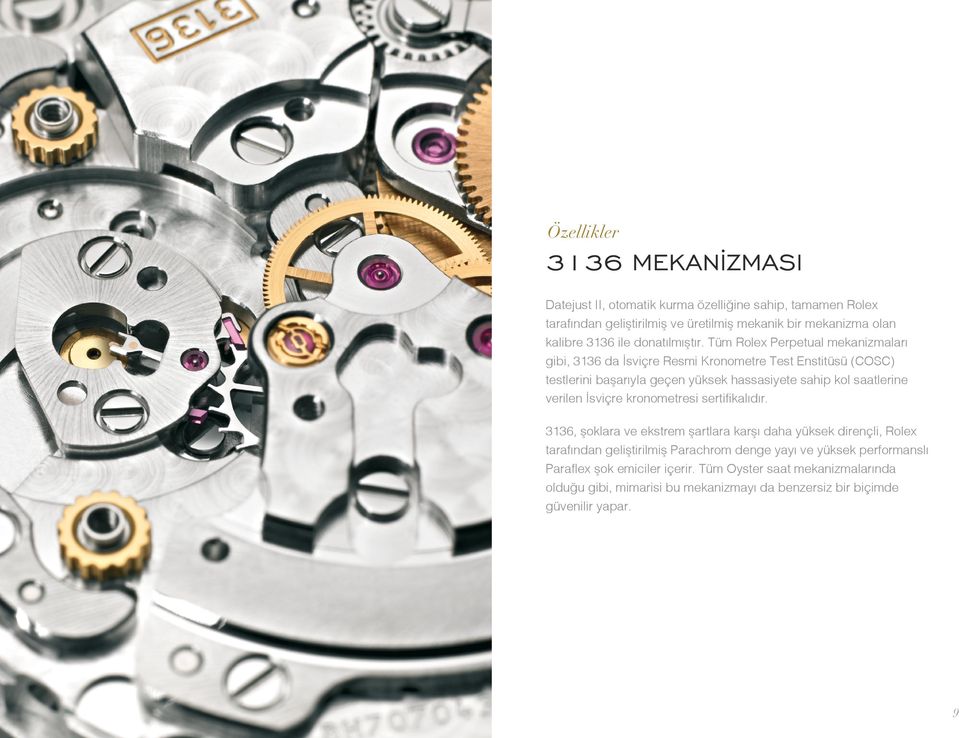 Tüm Rolex Perpetual mekanizmaları gibi, 3136 da İsviçre Resmi Kronometre Test Enstitüsü (COSC) testlerini başarıyla geçen yüksek hassasiyete sahip kol saatlerine