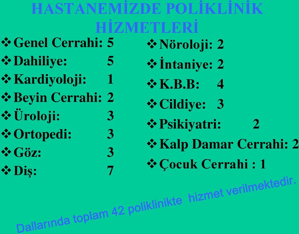 Ortopedi: 3 Göz: 3 Diş: 7 Nöroloji: 2 İntaniye: 2 K.B.