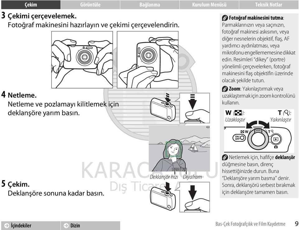 Resimleri dikey (portre) yönelimli çerçevelerken, fotoğraf makinesini flaş objektifin üzerinde olacak şekilde tutun. Zoom: Yakınlaştırmak veya uzaklaştırmak için zoom kontrolünü kullanın.