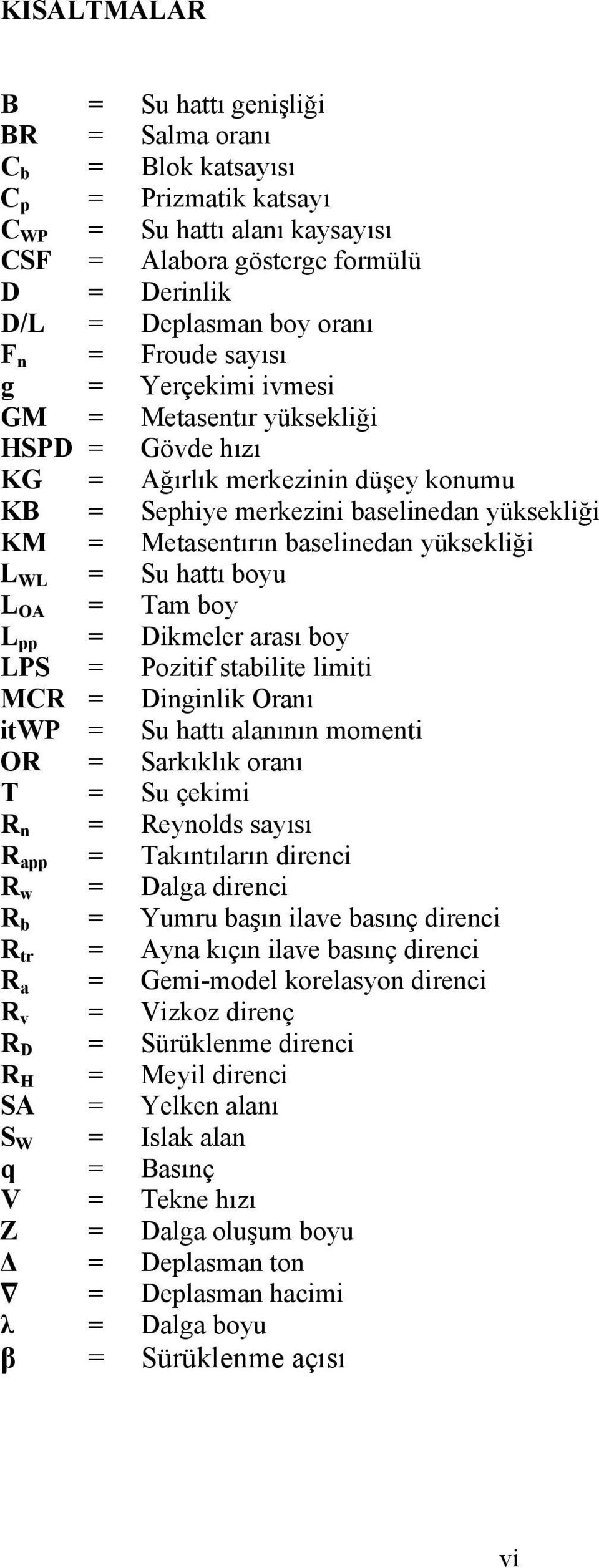 yüksekliği L WL = Su hattı boyu L OA = Tam boy L pp = Dikmeler arası boy LPS = Pozitif stabilite limiti MCR = Dinginlik Oranı itwp = Su hattı alanının momenti OR = Sarkıklık oranı T = Su çekimi R n =