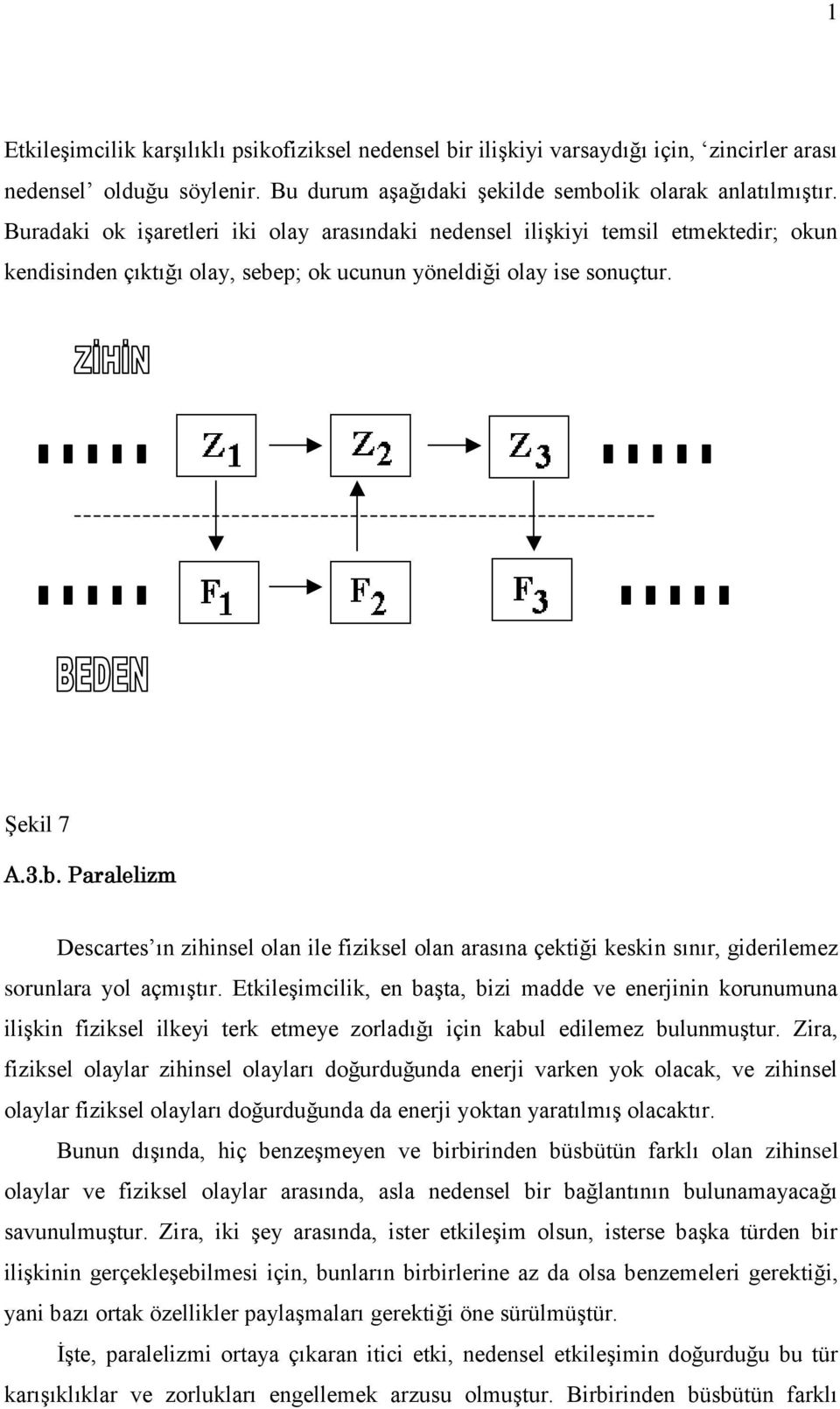 p; ok ucunun yöneldiği olay ise sonuçtur. Şekil 7 A.3.b. Paralelizm Descartes ın zihinsel olan ile fiziksel olan arasına çektiği keskin sınır, giderilemez sorunlara yol açmıştır.