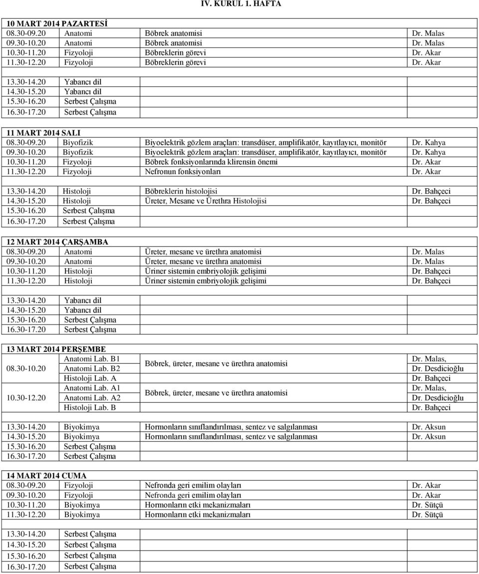 20 Biyofizik Biyoelektrik gözlem araçları: transdüser, amplifikatör, kayıtlayıcı, monitör Dr. Kahya 10.30-11.20 Fizyoloji Böbrek fonksiyonlarında klirensin önemi Dr. Akar 11.30-12.