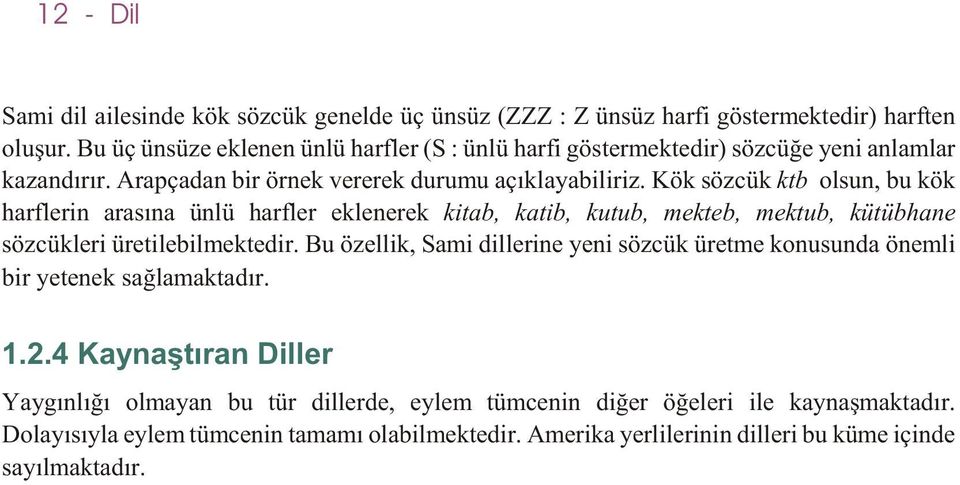 Kök sözcük ktb olsun, bu kök harflerin arasýna ünlü harfler eklenerek kitab, katib, kutub, mekteb, mektub, kütübhane sözcükleri üretilebilmektedir.