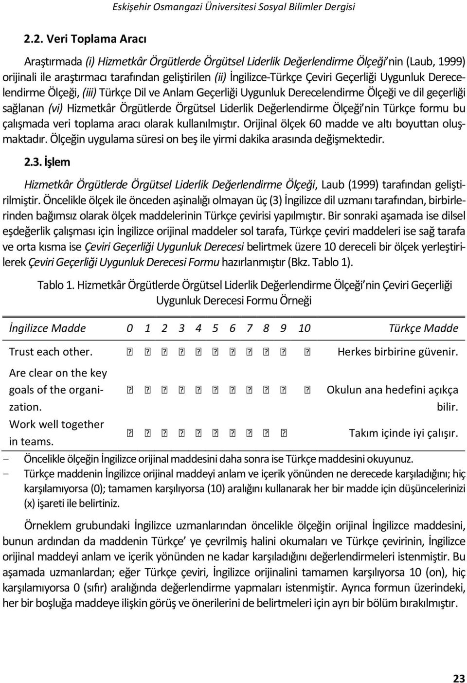 Geçerliği Uygunluk Derecelendirme Ölçeği, (iii) Türkçe Dil ve Anlam Geçerliği Uygunluk Derecelendirme Ölçeği ve dil geçerliği sağlanan (vi) Hizmetkâr Örgütlerde Örgütsel Liderlik Değerlendirme Ölçeği