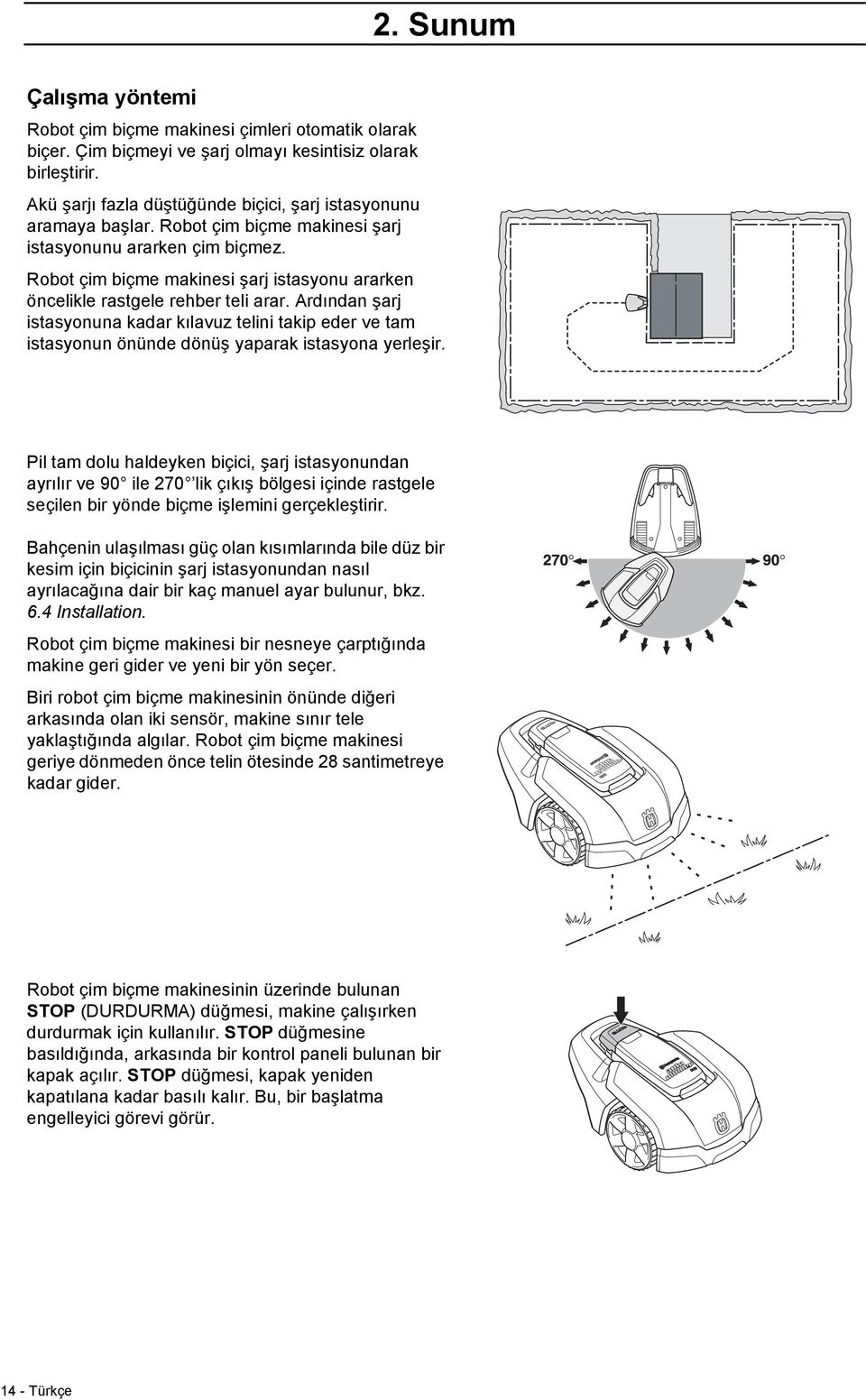 Robot çim biçme makinesi şarj istasyonu ararken öncelikle rastgele rehber teli arar.