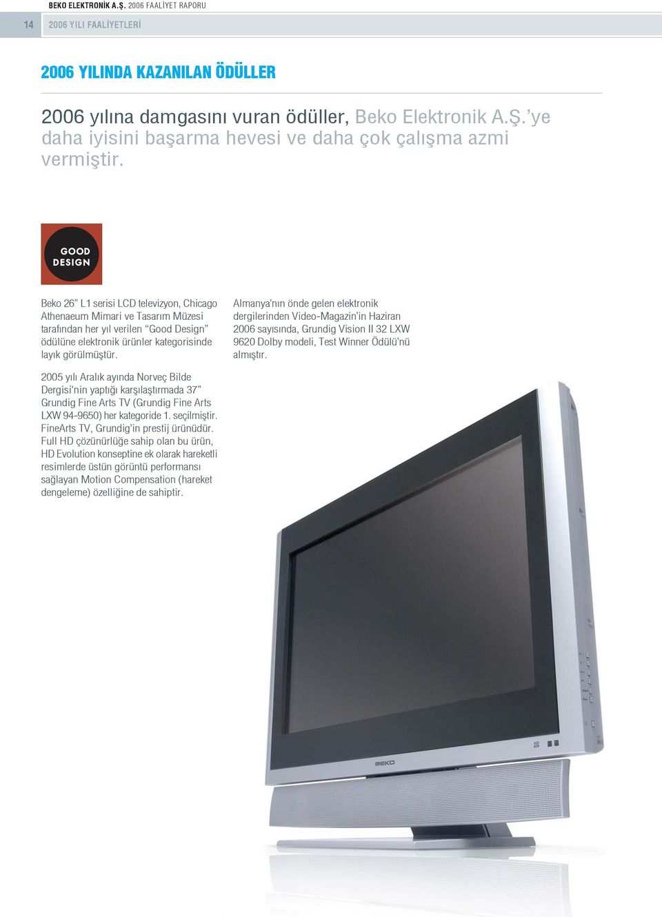 Almanya n n önde gelen elektronik dergilerinden Video-Magazin in Haziran 2006 say s nda, Grundig Vision II 32 LXW 9620 Dolby modeli, Test Winner Ödülü nü alm flt r.