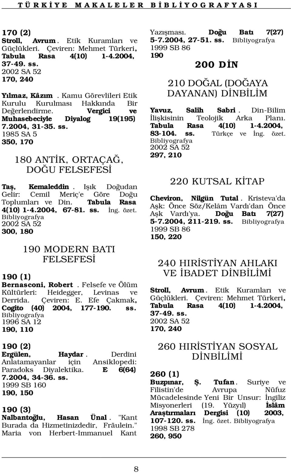 Ifl k Do udan Gelir: Cemil Meriç'e Göre Do u Toplumlar ve Din. Tabula Rasa 4(10) 1-4.2004, 67-81. ss. ng. özet. 2002 SA 52 300, 180 190 MODERN BATI FELSEFES 190 (1) Bernasconi, Robert.