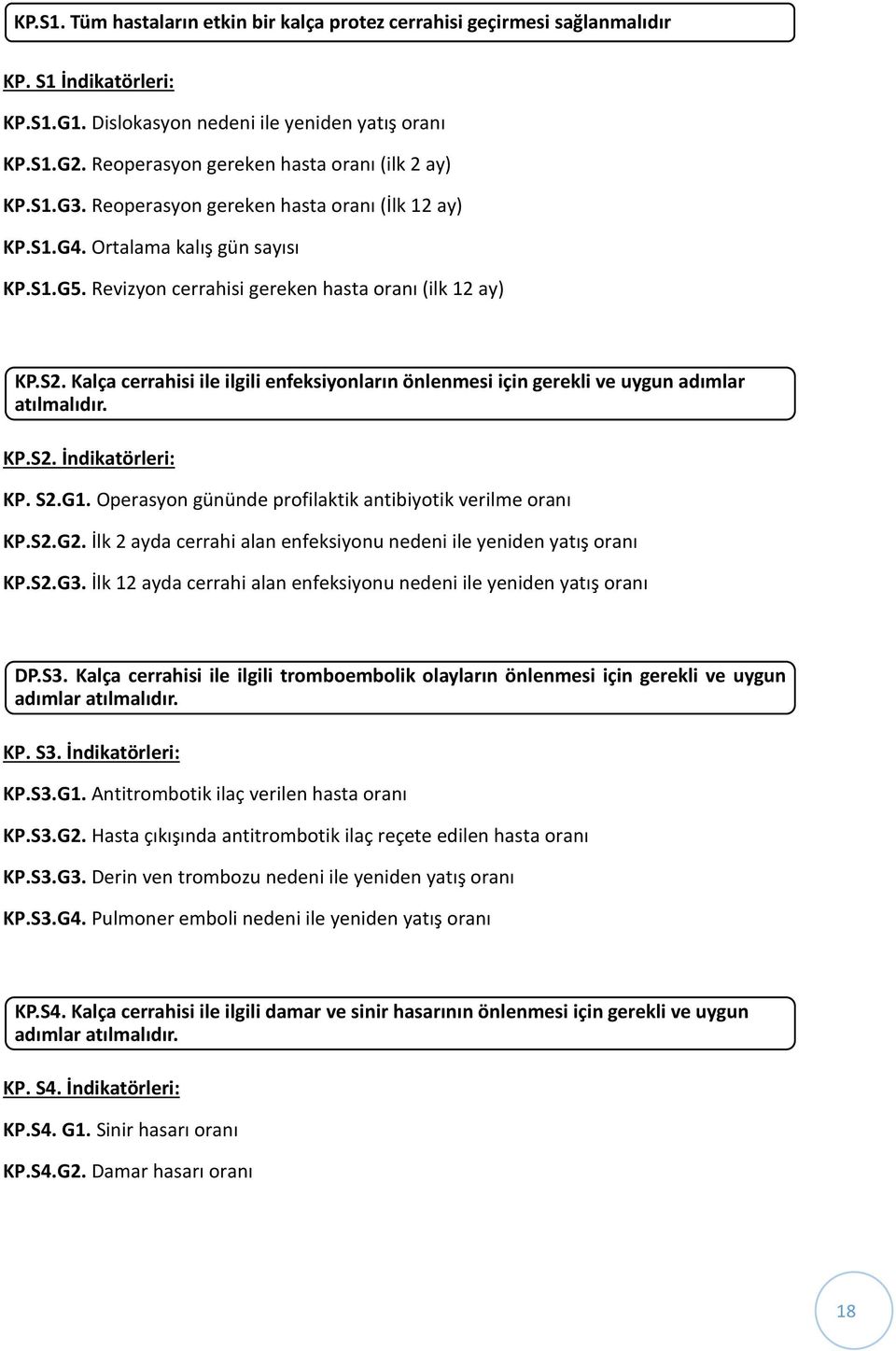 Kalça cerrahisi ile ilgili enfeksiyonların önlenmesi için gerekli ve uygun adımlar atılmalıdır. KP.S2. İndikatörleri: KP. S2.G1. Operasyon gününde profilaktik antibiyotik verilme oranı KP.S2.G2.