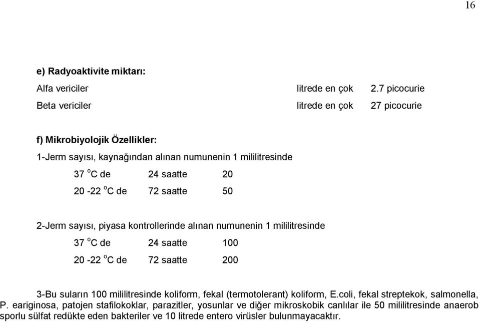 20-22 o C de 72 saatte 50 2-Jerm sayısı, piyasa kontrollerinde alınan numunenin 1 mililitresinde 37 o C de 24 saatte 100 20-22 o C de 72 saatte 200 3-Bu suların 100